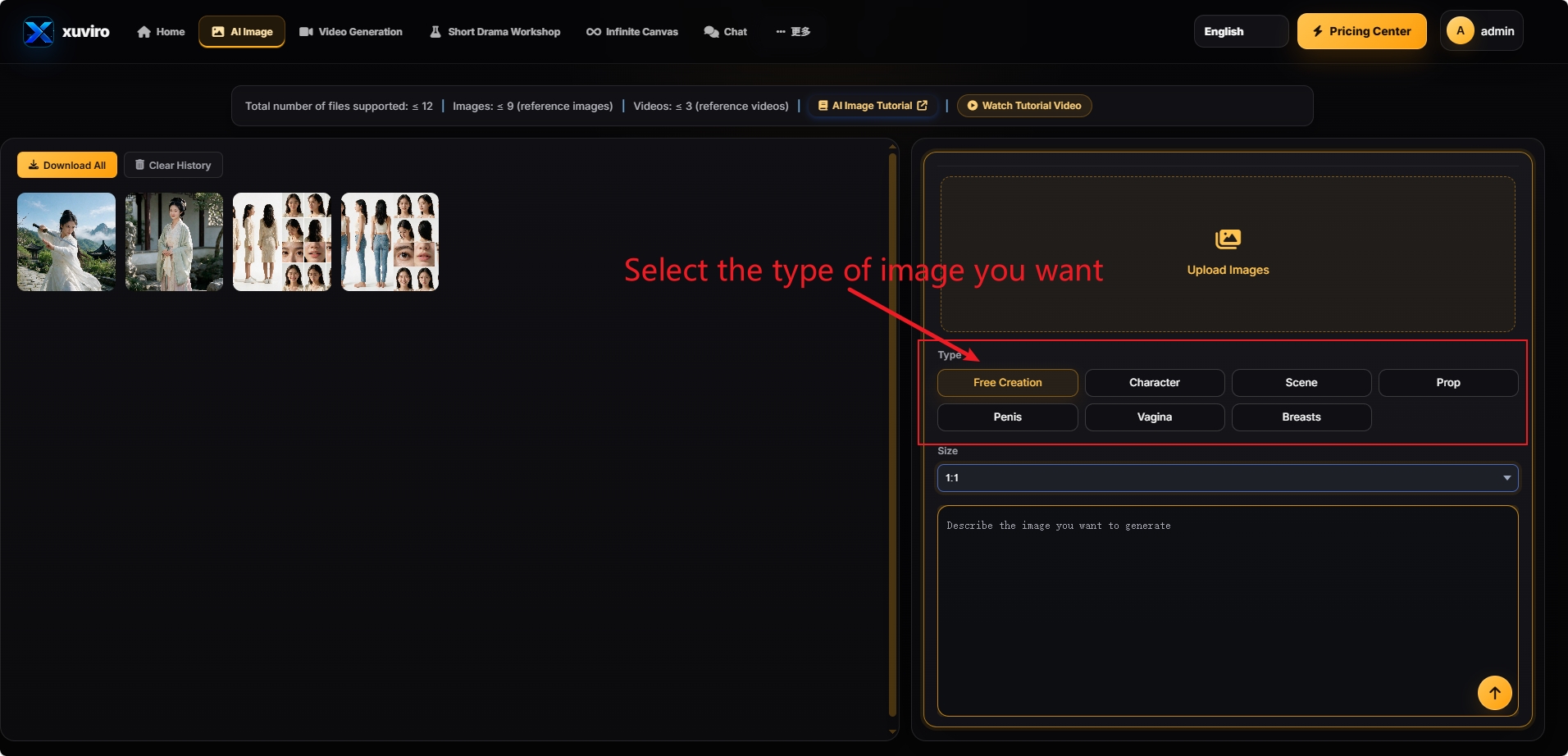 AI Image type selection controls