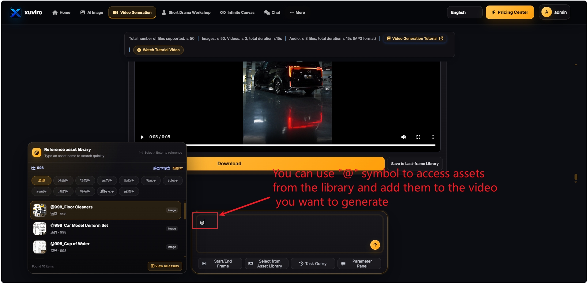 At-sign asset reference search in the video prompt