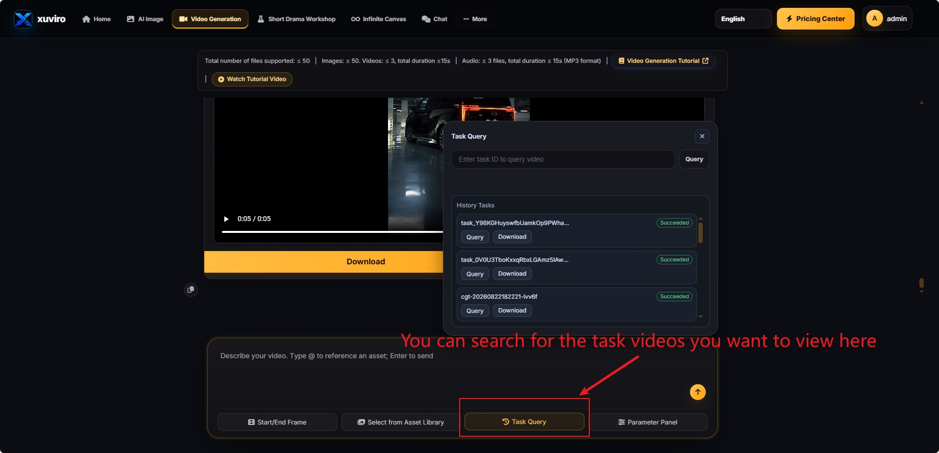 Video task query and history interface