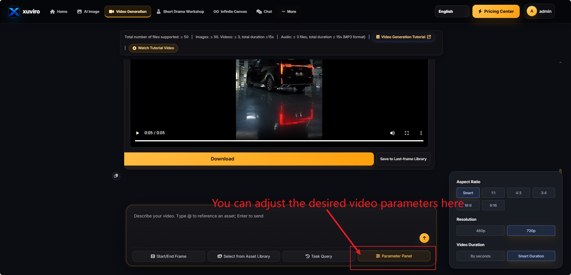 Video aspect ratio, resolution, and duration controls
